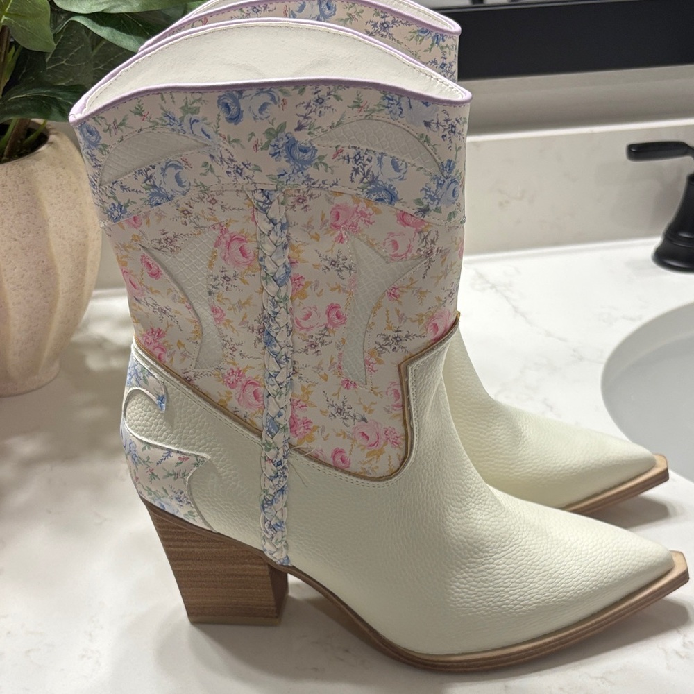 Altar'd State Cream and Pink Floral Heeled Boots